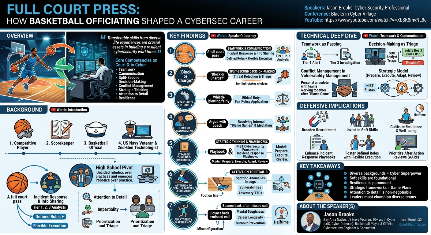 Visual summary for How Basketball Officiating Shaped a Cybersec Career by Jason Brooks
