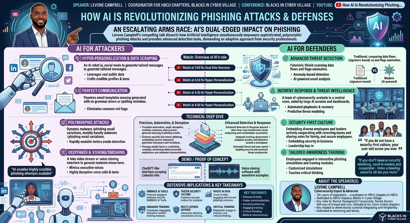 Visual summary for How AI Is Revolutionizing Phishing Attacks & Defenses by Levone Campbell