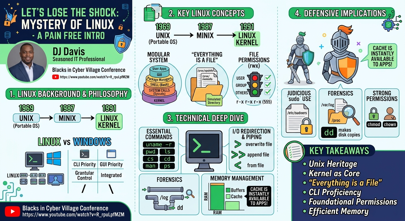 Visual summary for BiC Village -Let's Lose the Shock: Mystery of Linux - A Pain Free Intro by DJ Davis