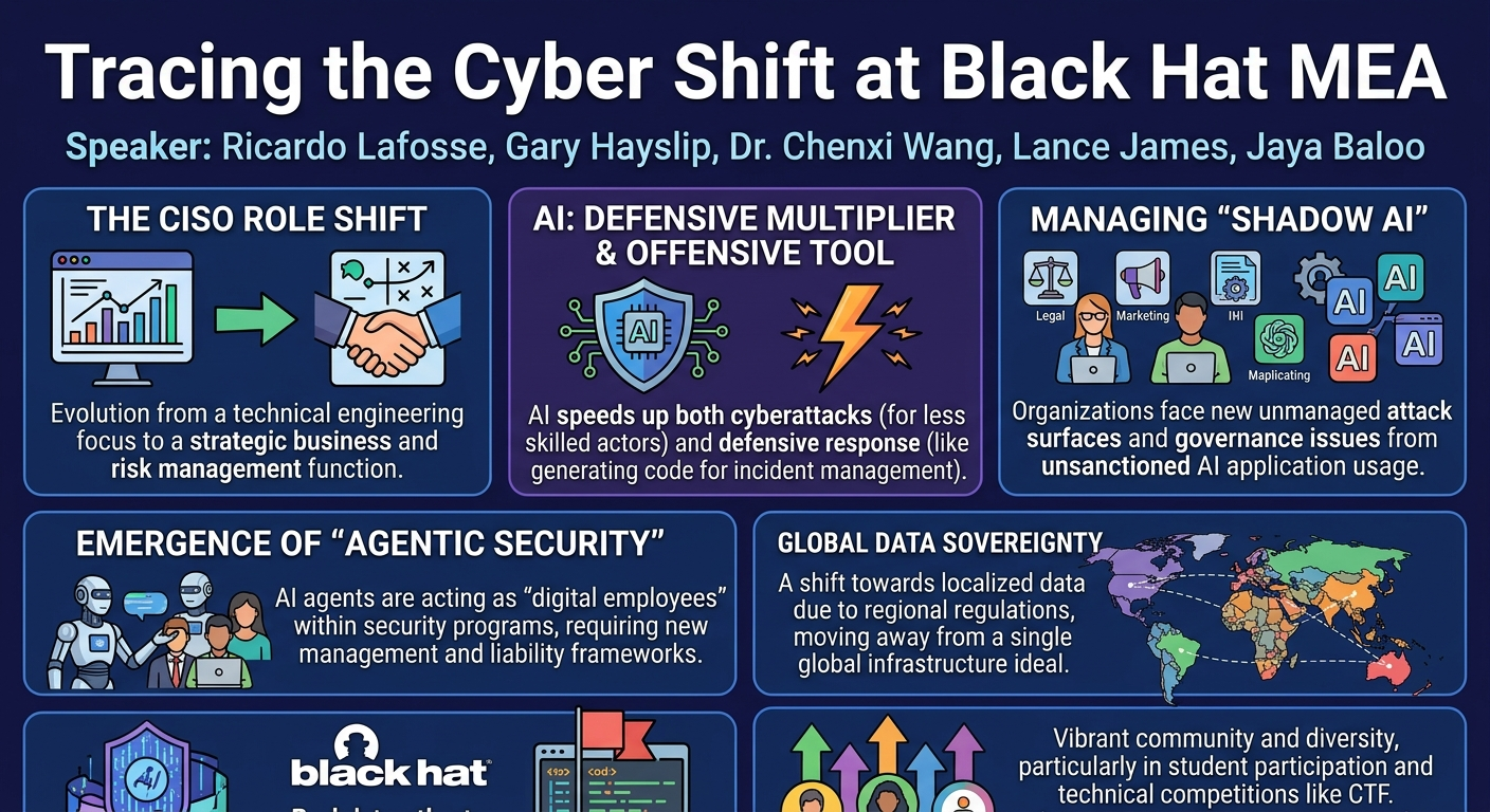 Visual summary for Tracing the Cyber Shift at Black Hat MEA by Ricardo Lafosse, Gary Hayslip, Dr. Chenxi Wang, Lance James, Jaya Baloo