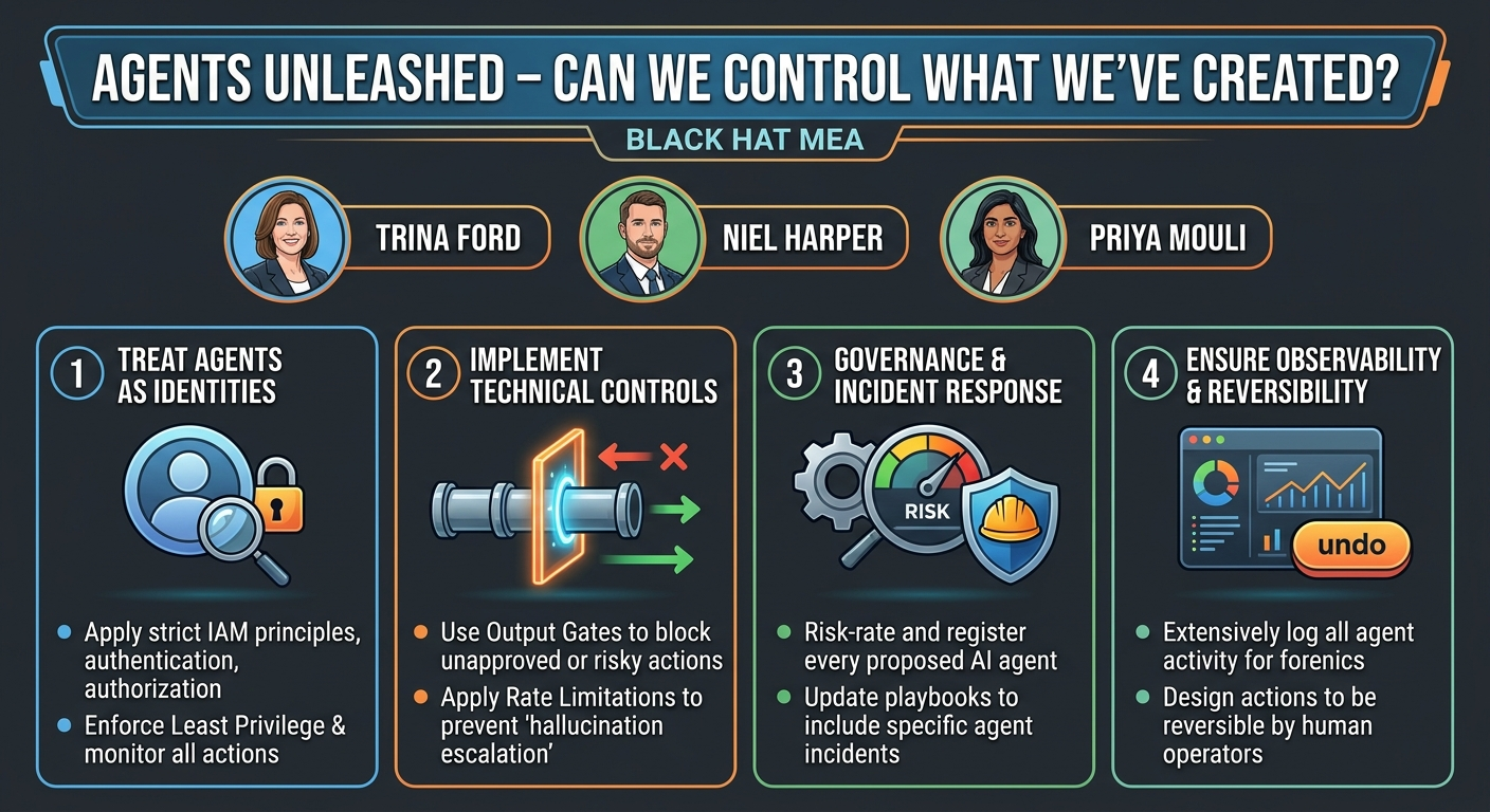 Visual summary for Agents Unleashed - Can We Control What We've Created? by Trina Ford, Niel Harper, Priya Mouli