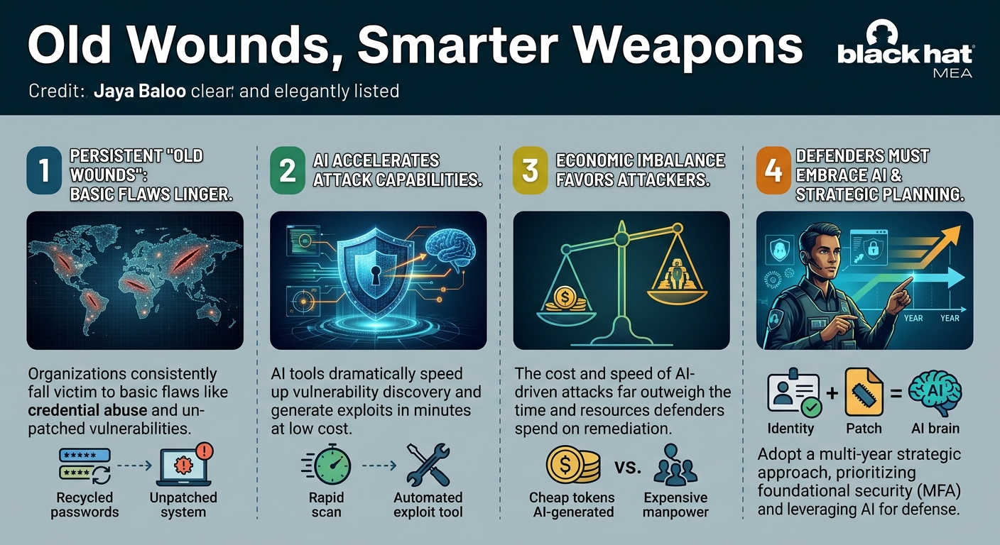Visual summary for Old Wounds, Smarter Weapons by Jaya Baloo