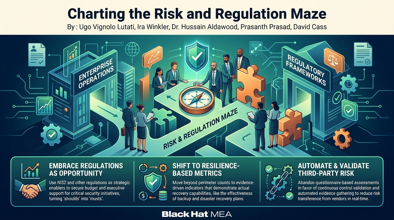 Visual summary for Charting the Risk and Regulation Maze by Ugo Vignolo Lutati, Ira Winkler, Dr. Hussain Aldawood, Prasanth Prasad, David Cass