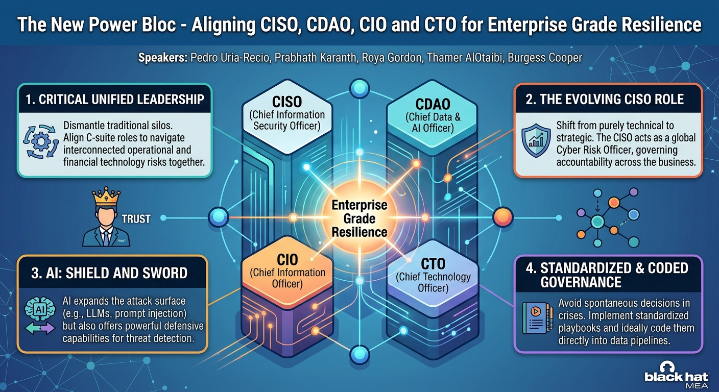 Visual summary for The New Power Bloc - Aligning CISO, CDAO, CIO and CTO for Enterprise Grade Resilience by Pedro Uria-Recio, Prabhath Karanth, Roya Gordon, Thamer AlOtaibi, Burgess Cooper