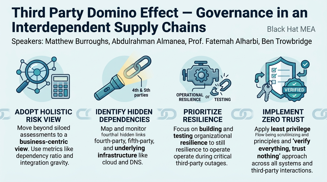 Visual summary for Third Party Domino Effect - Governance in an Interdependent Supply Chains by Matthew Burroughs, Abdulrahman Almanea, Prof. Fatemah Alharbi, Ben Trowbridge