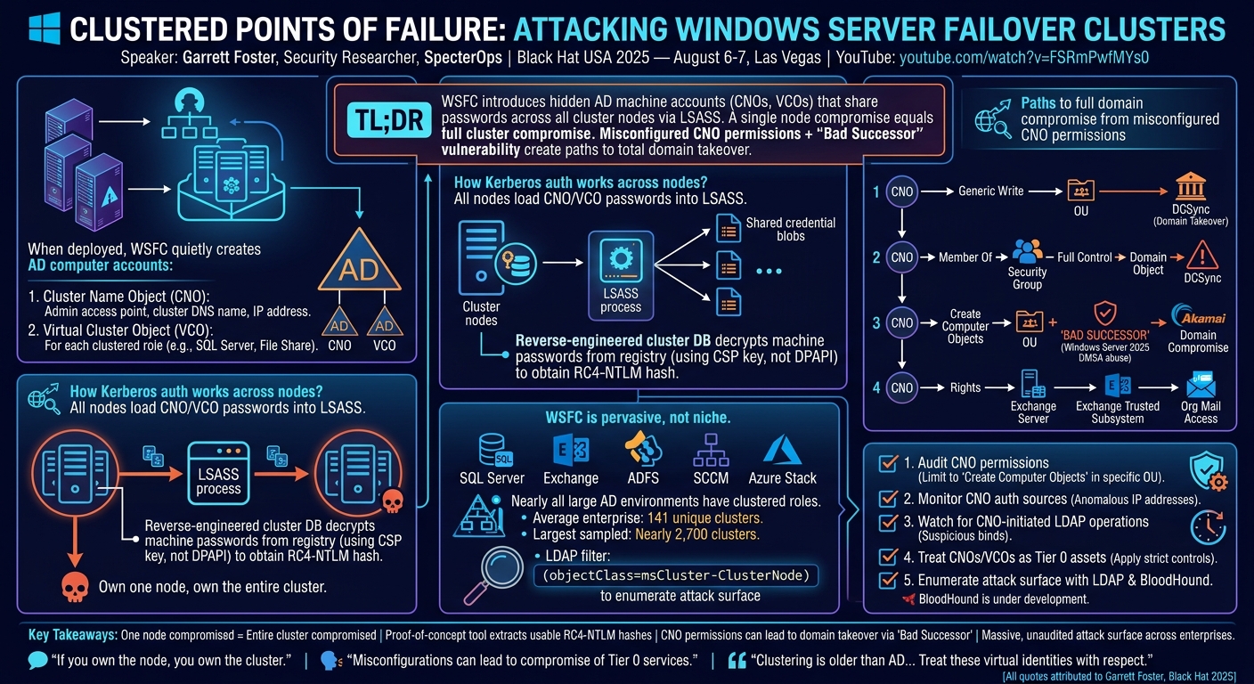 Visual summary for Clustered Points of Failure: Attacking Windows Server Failover Clusters
