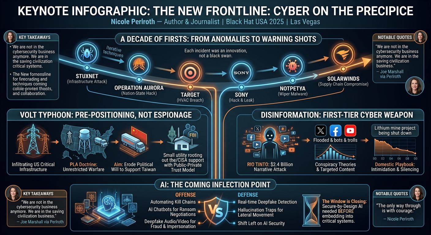 Visual summary for Nicole Perlroth Keynote: The New Frontline: Cyber on the Precipice