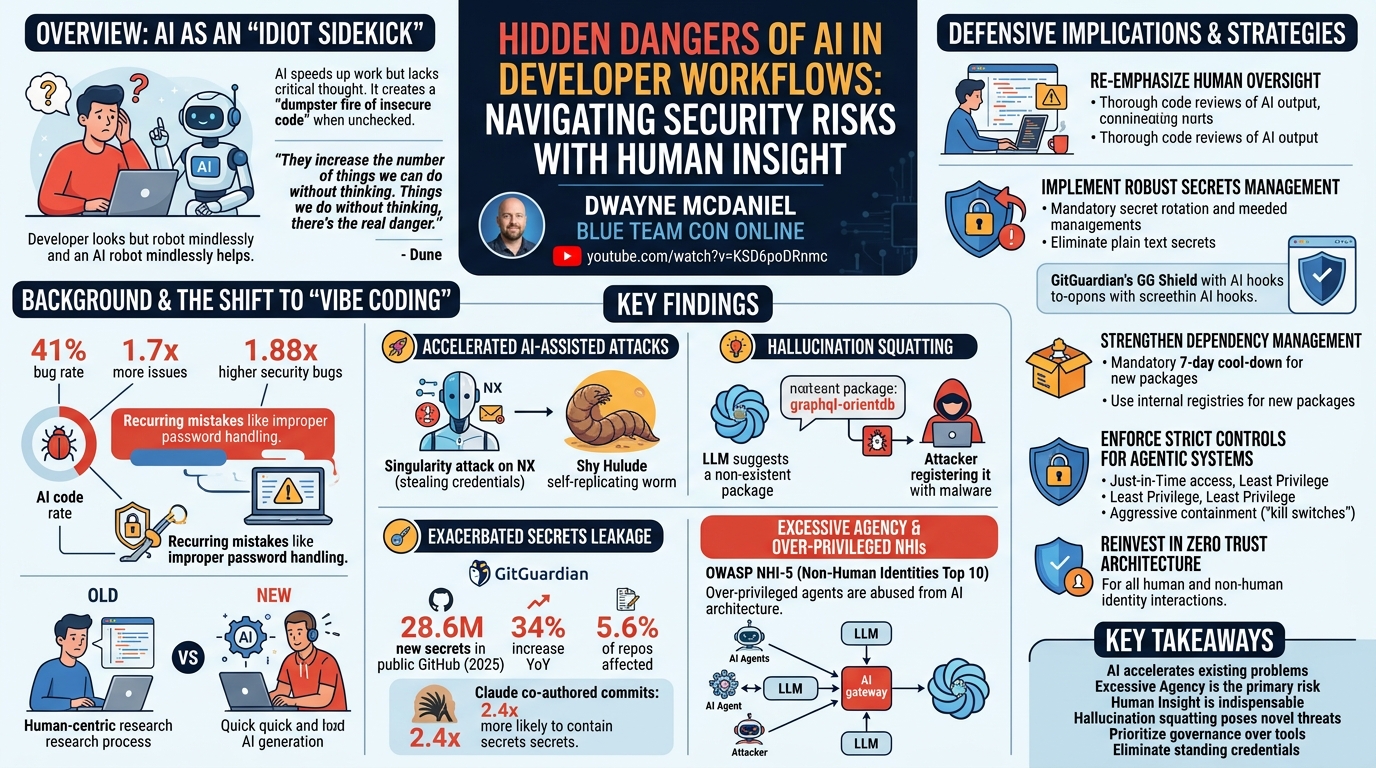 Visual summary for Hidden Dangers Of AI In Developer Workflows: Navigating Security Risks with Human Insight by Dwayne McDaniel