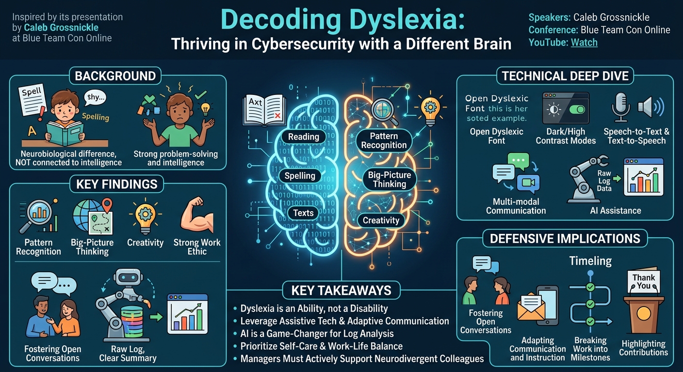 Visual summary for Decoding Dyslexia: Thriving in Cybersecurity with a Different Brain by Caleb Grossnickle