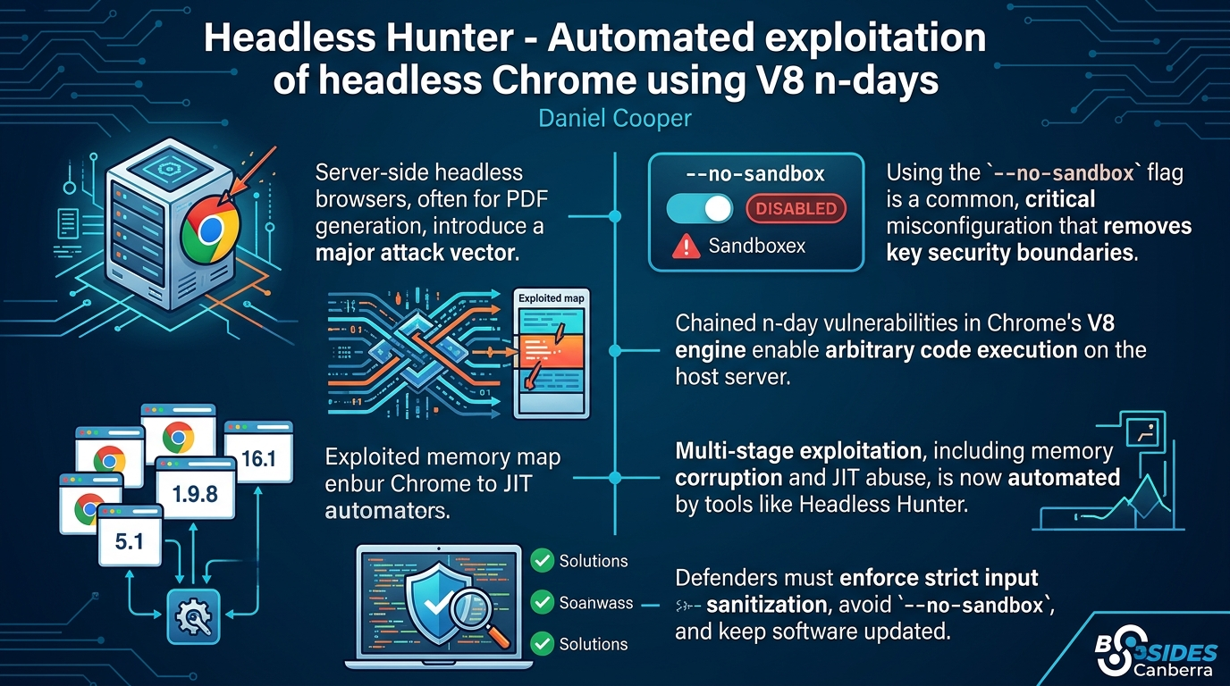 Visual summary for Headless Hunter - Automated exploitation of headless Chrome using V8 n-days by Daniel Cooper