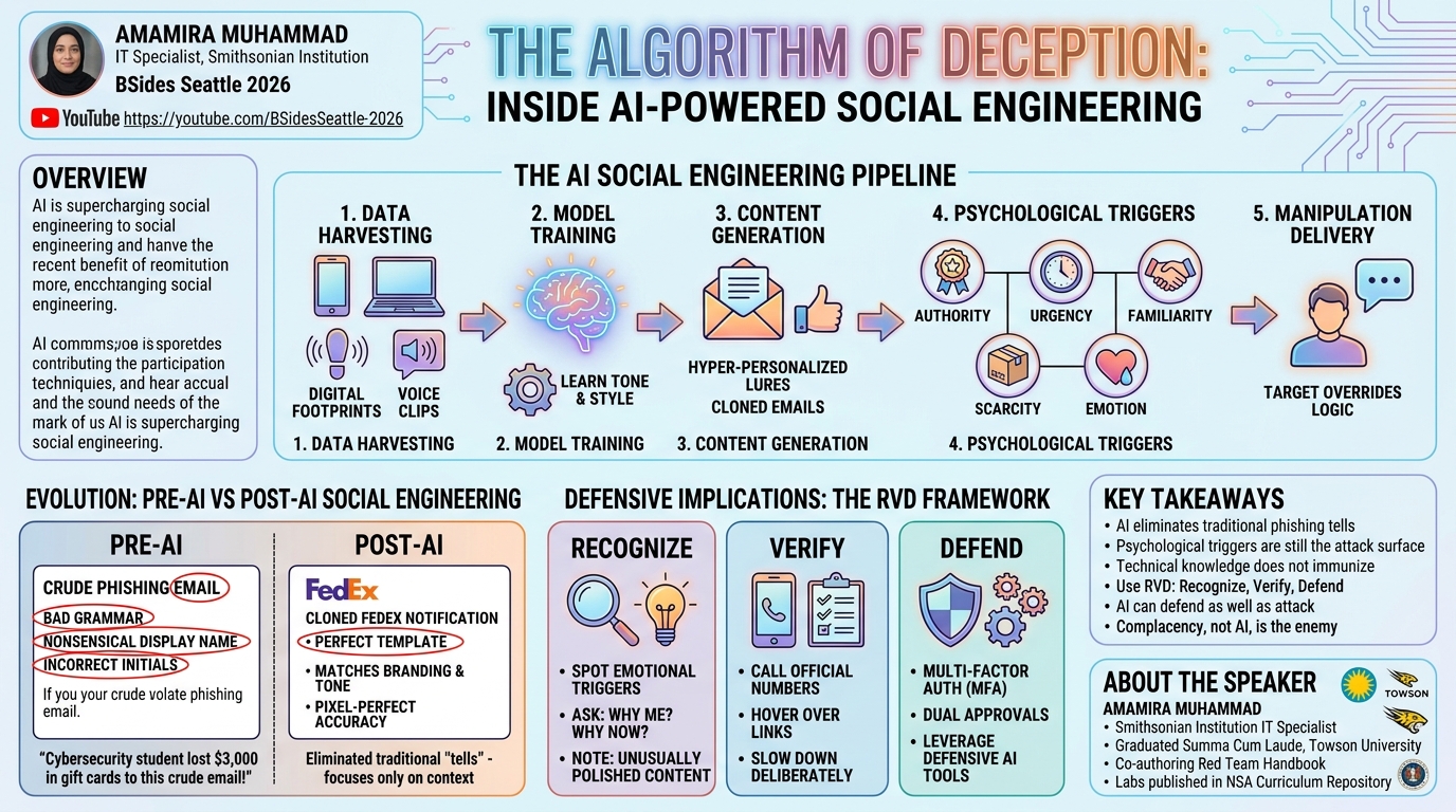 Visual summary for The Algorithm of Deception: Inside AI-Powered Social Engineering by Amamira Muhammad