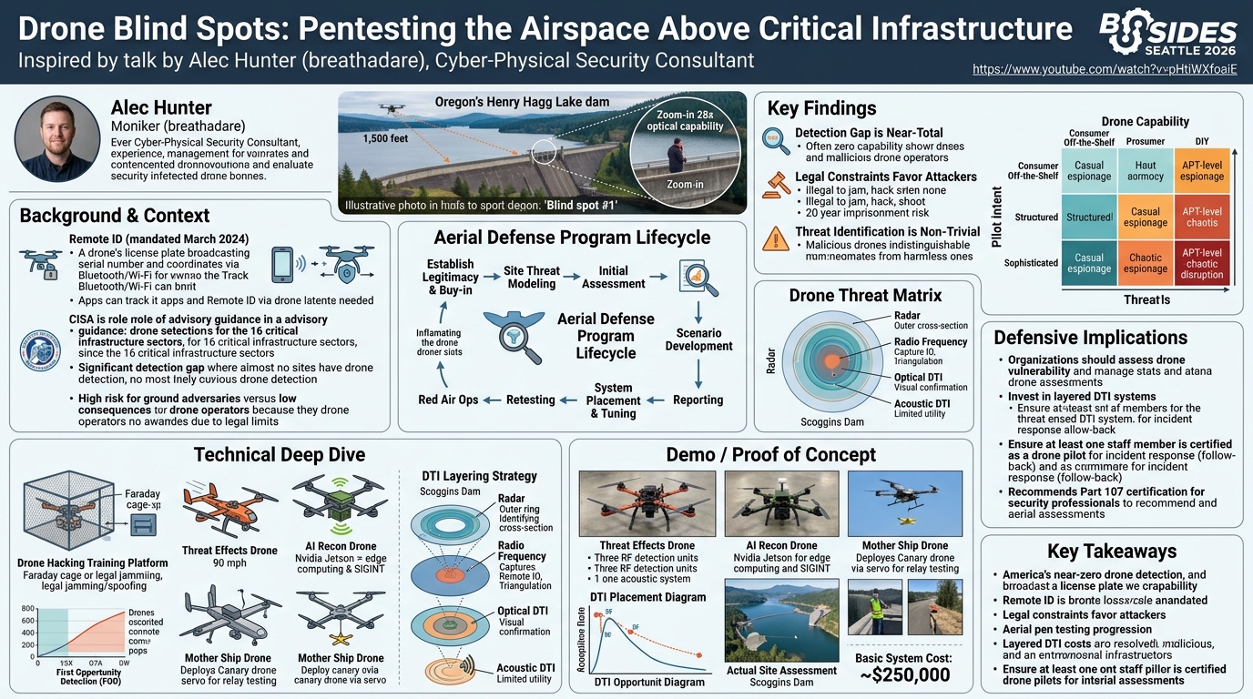 Visual summary for Drone Blind Spots: Pentesting the Airspace Above Critical Infrastructure by Alec Hunter