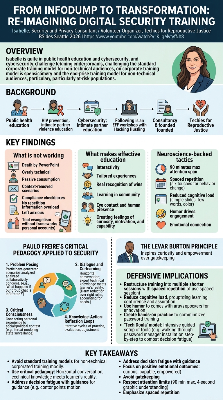 Visual summary for From Infodump to Transformation: Re-imagining Digital Security Training by Izebel