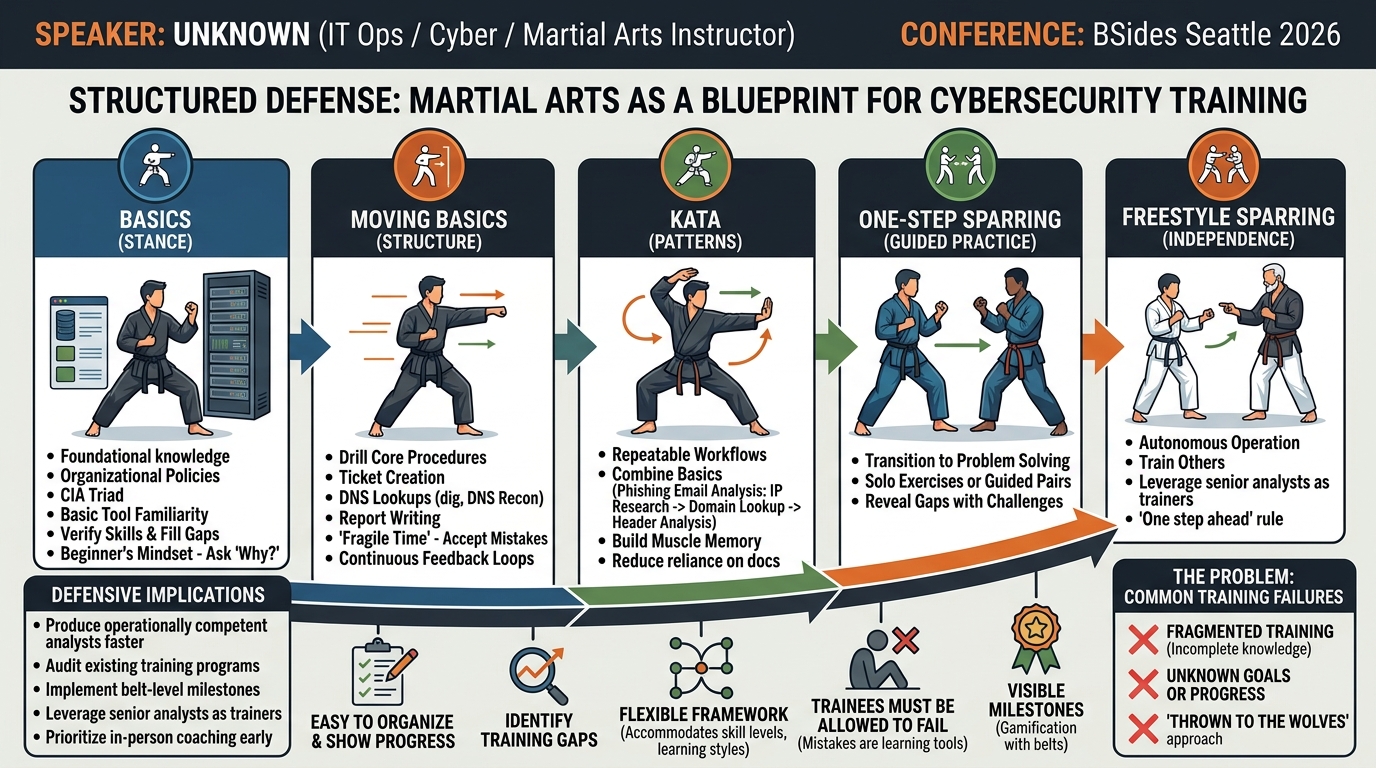 Visual summary for Structured Defense: Martial Arts as a Blueprint for Cybersecurity Training by Travis Van Winkle