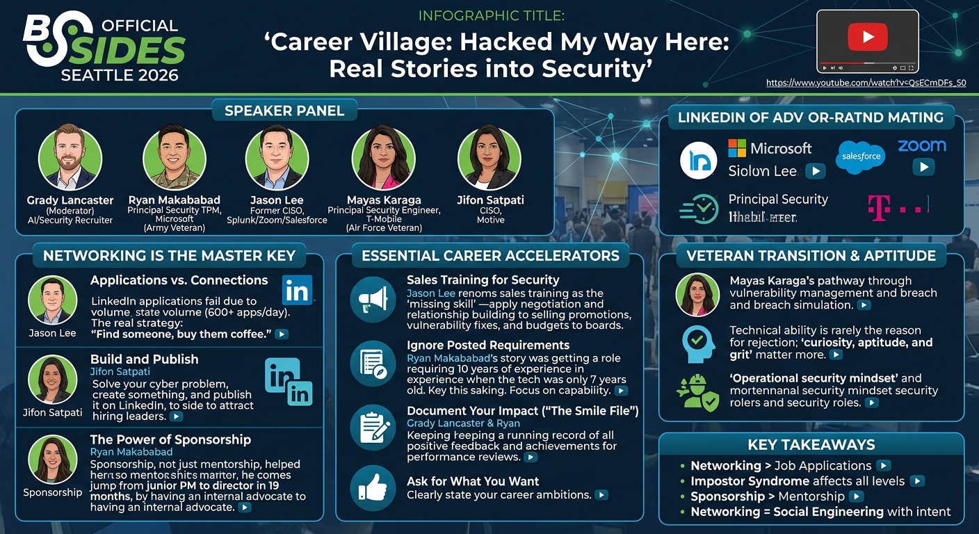 Visual summary for Career Village: Hacked My Way Here: Real Stories into Security by Grady Lancaster, Ryan Makababad, Jason Lee, Mayas Karaga, Jifon Satpati