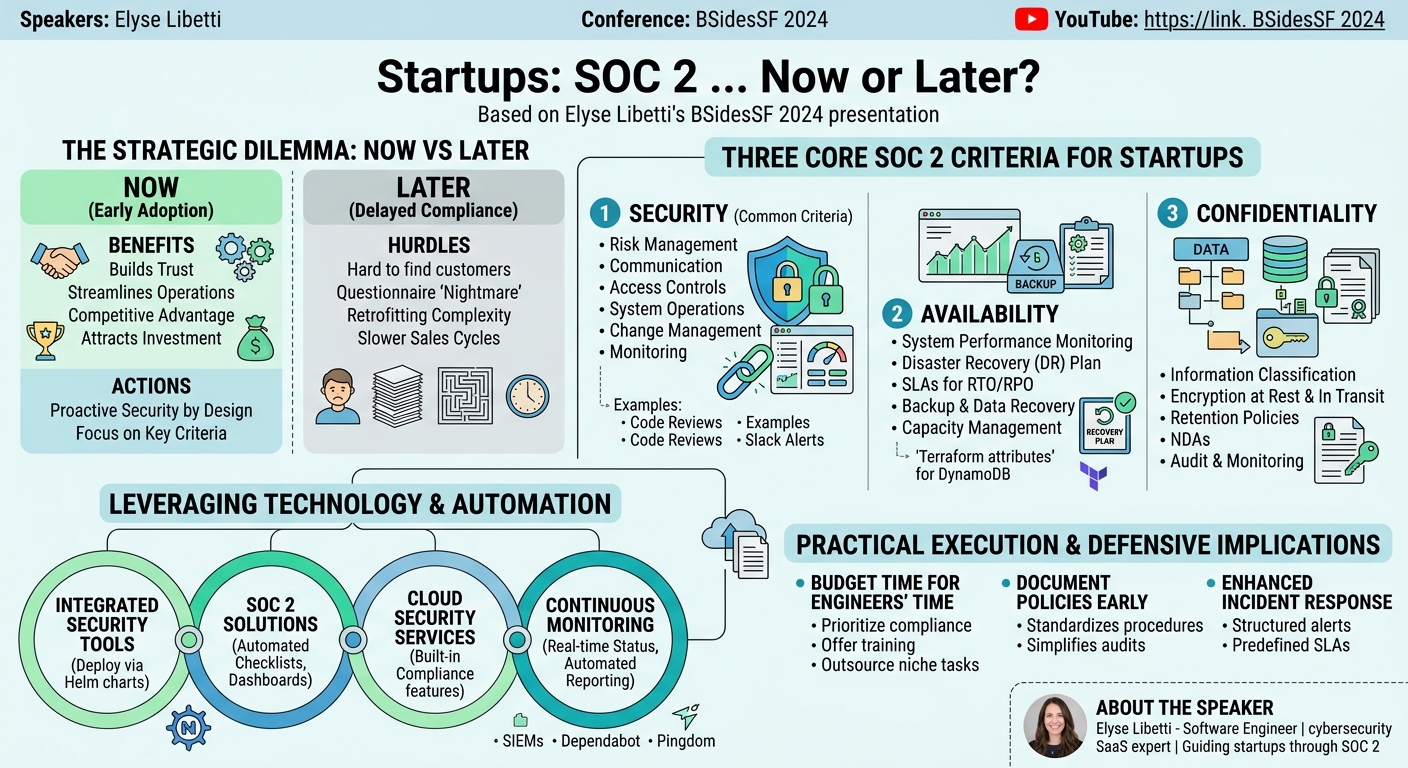 Visual summary for Startups: SOC 2 ... Now or Later? by Elyse Libetti