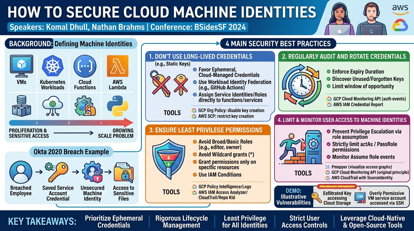 Visual summary for How to Secure Cloud Machine Identities by Komal Dhull, Nathan Brahms