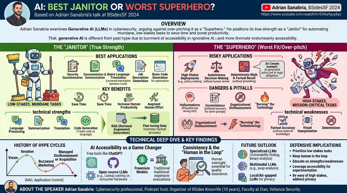 Visual summary for AI: Best Janitor or Worst Superhero? by Adrian Sanabria