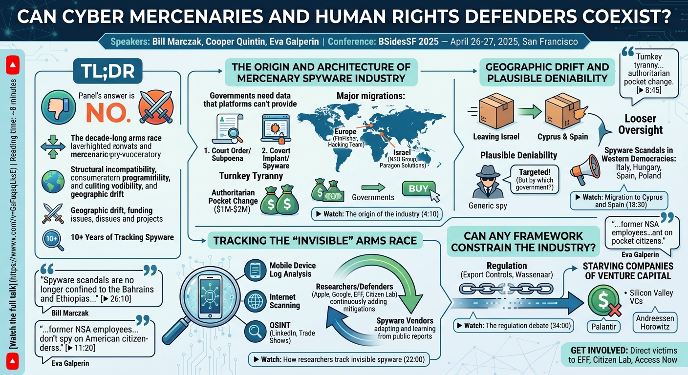 Visual summary for Can Cyber Mercenaries and Human Rights Defenders Coexist? by Bill Marczak, Cooper Quintin, Eva Galperin