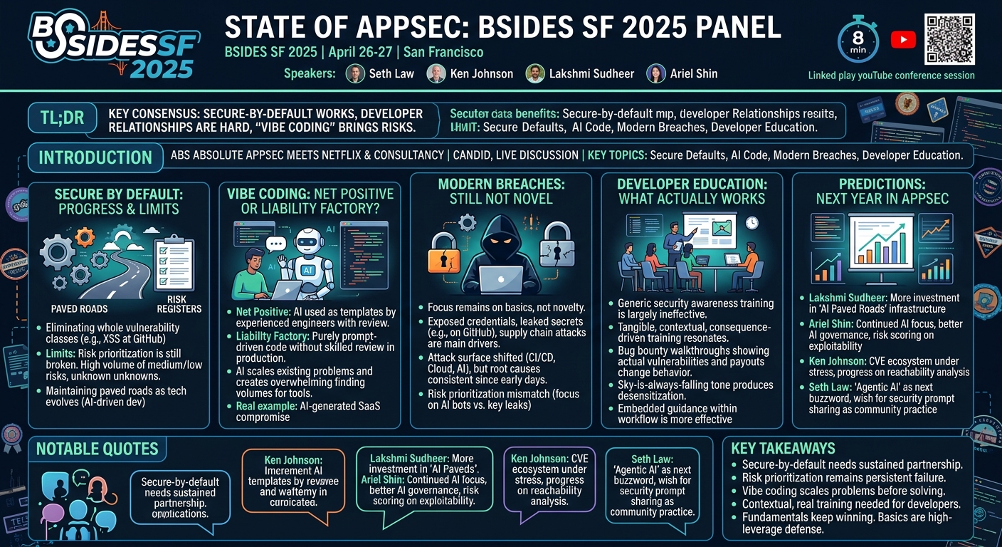 Visual summary for State of AppSec (Panel) by Seth Law, Ariel Shin, Lakshmi Sudheer, Ken Johnson