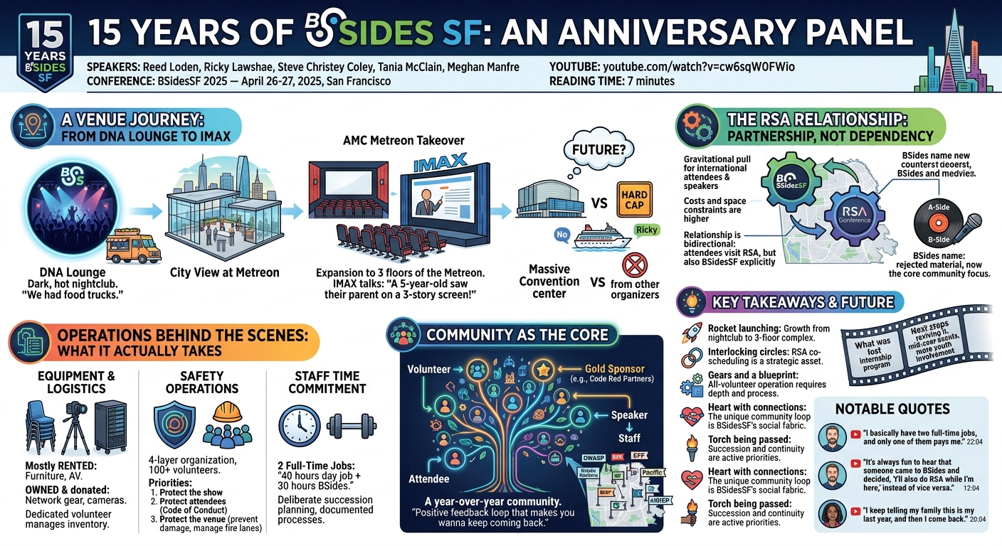 Visual summary for 15 Years of BSidesSF (Anniversary Panel) by Reed Loden, Ricky Lawshae, Steve Christey Coley, Tania McClain, Meghan Manfre