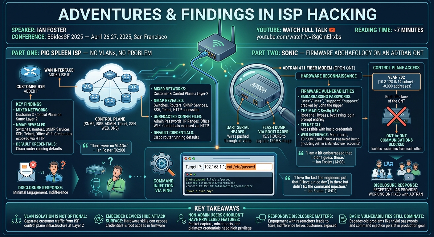 Visual summary for Adventures & Findings in ISP Hacking by Ian Foster