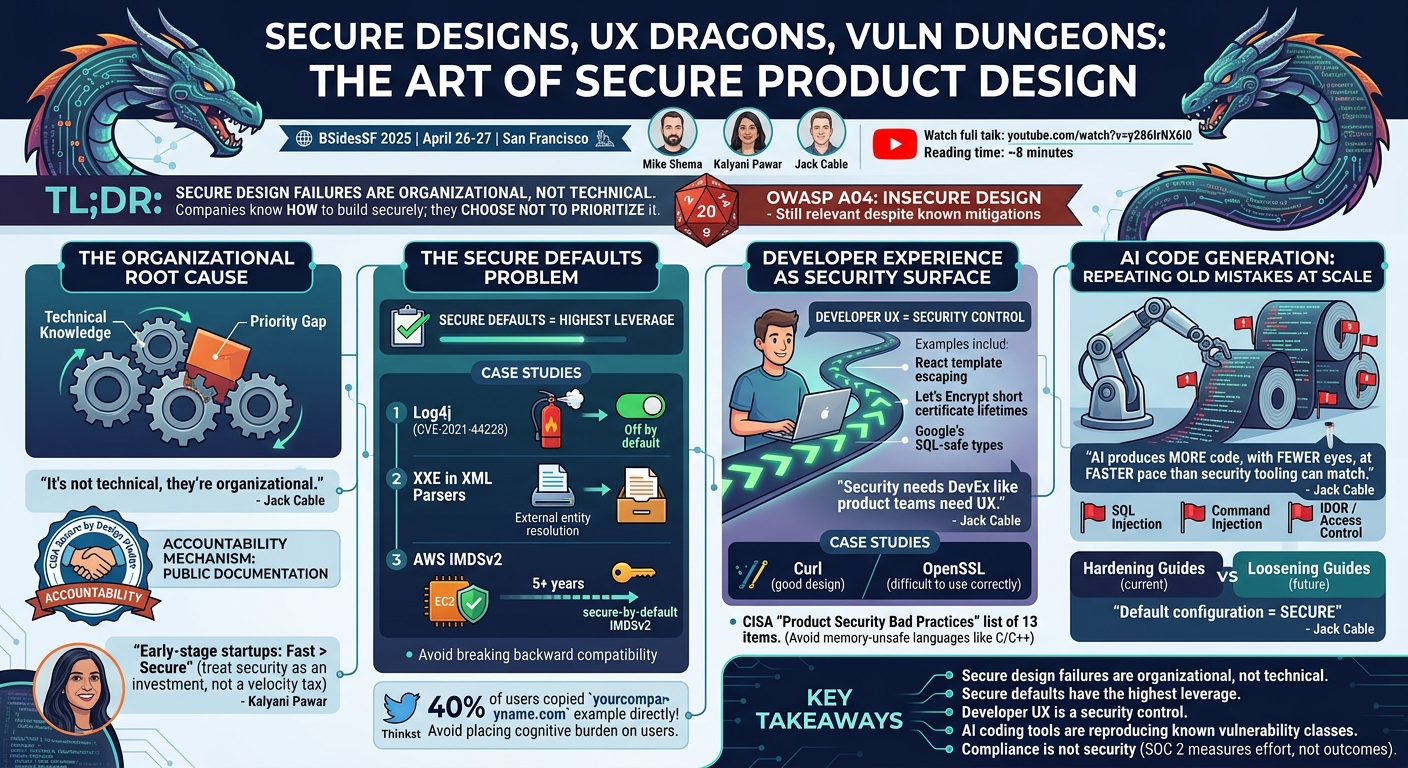 Visual summary for Secure Designs, UX Dragons, Vuln Dungeons: The Art of Secure Product Design by Mike Shema, Kalyani Pawar