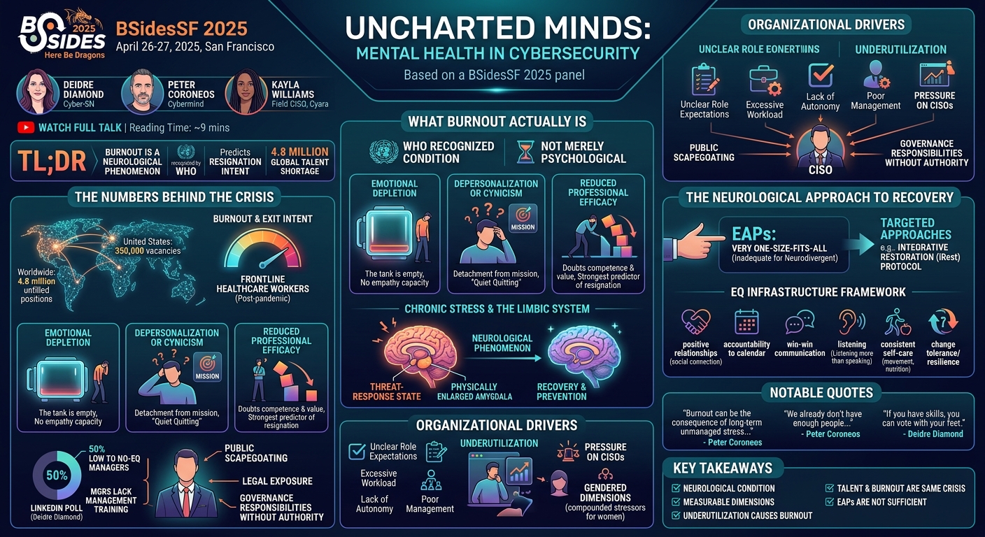 Visual summary for Uncharted Minds: Mental Health in Cybersecurity (Panel) by Peter Coroneos, Deidre Diamond, Kayla Williams