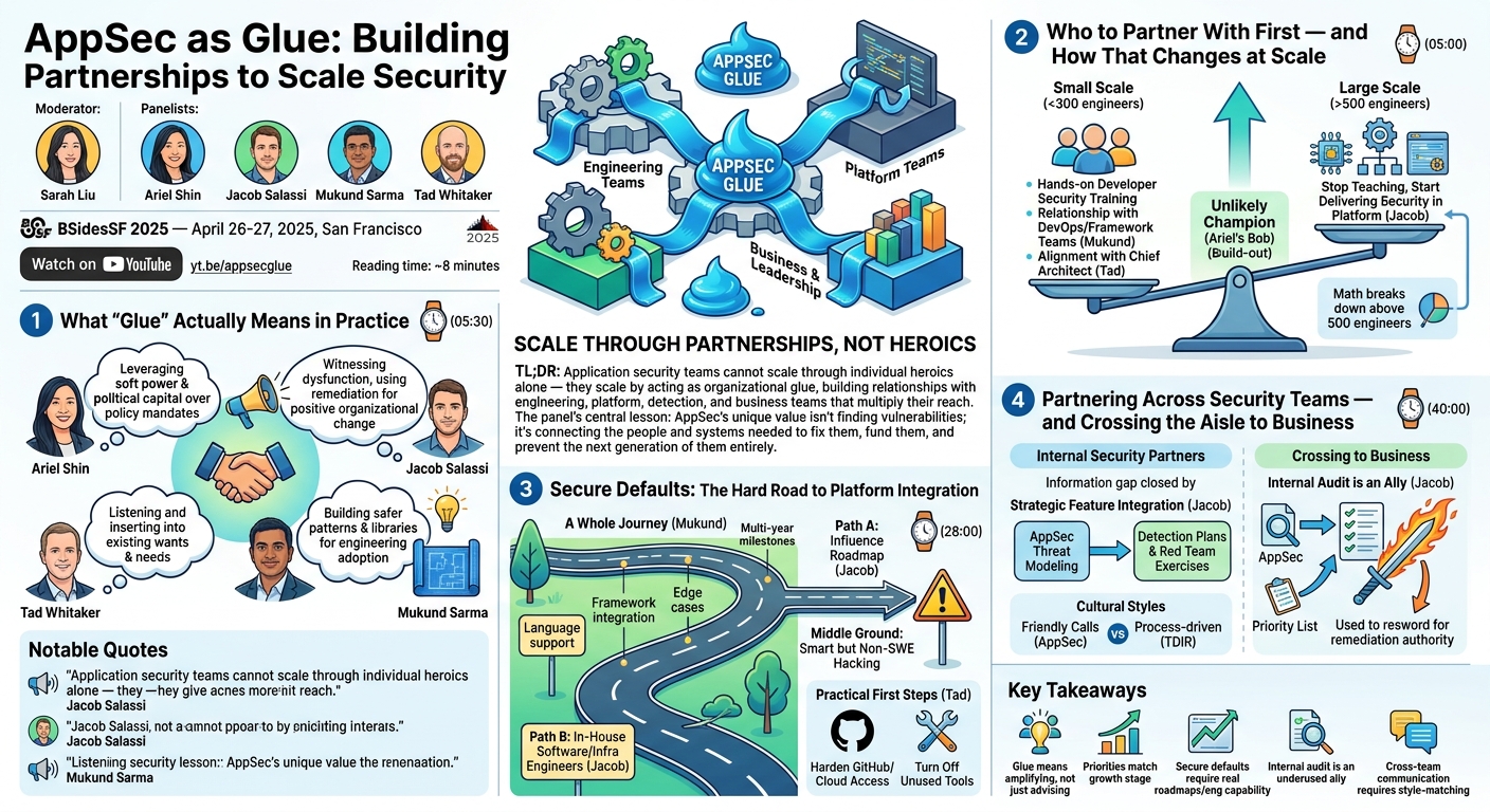 Visual summary for AppSec as Glue (Panel) by Mukund Sarma, Tad Whitaker, Sarah Liu, Ariel Shin, Jacob Salassi