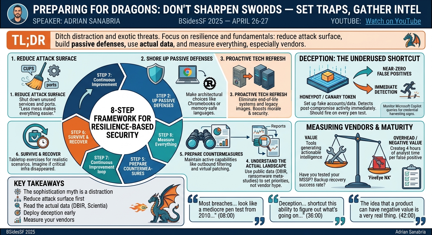 Visual summary for Preparing for Dragons: Don't Sharpen Swords. Set Traps, Gather Intel. by Adrian Sanabria