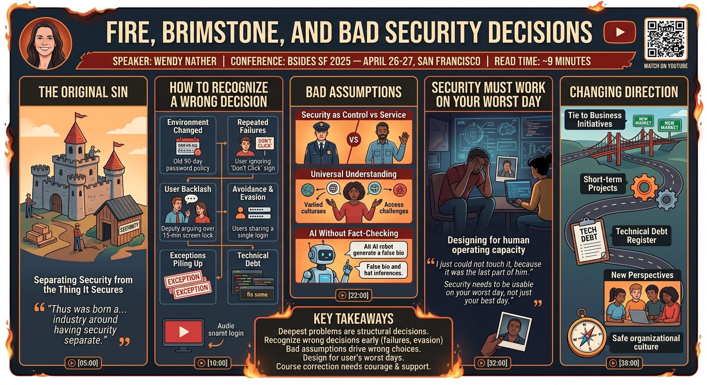 Visual summary for Fire, Brimstone, and Bad Security Decisions by Wendy Nather