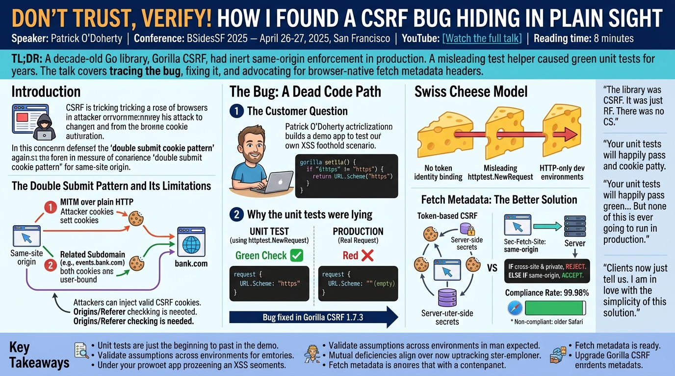 Visual summary for Don't Trust, Verify! - How I Found a CSRF Bug Hiding in Plain Sight by Patrick O'Doherty
