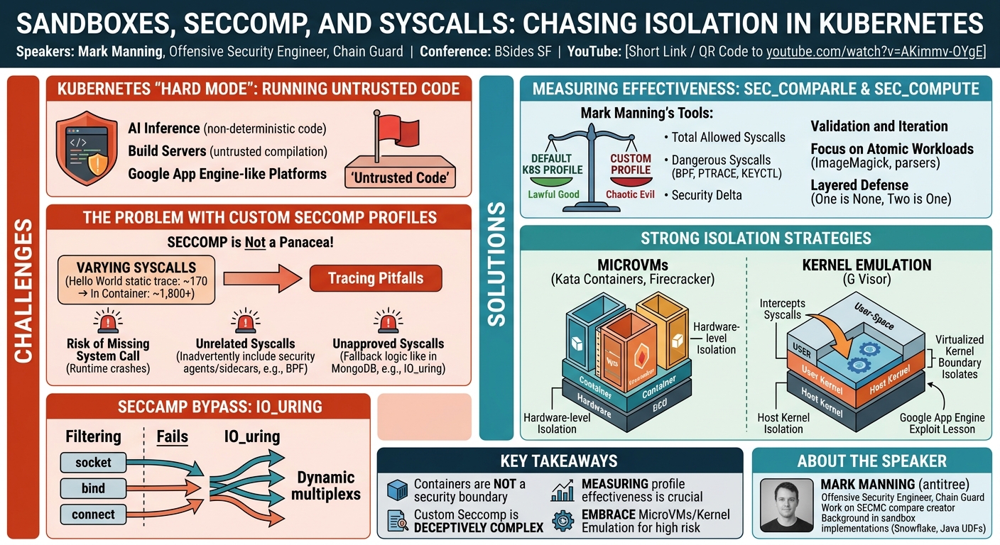 Visual summary for Sandboxes, Seccomp, and Syscalls: Chasing Isolation in Kubernetes by Mark Manning