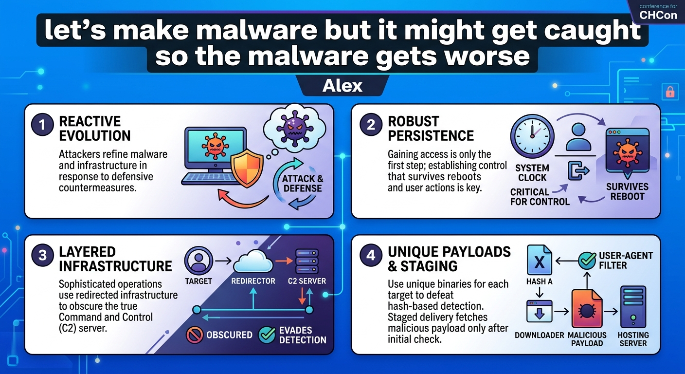 Visual summary for let’s make malware but it might get caught so the malware gets worse by Alex