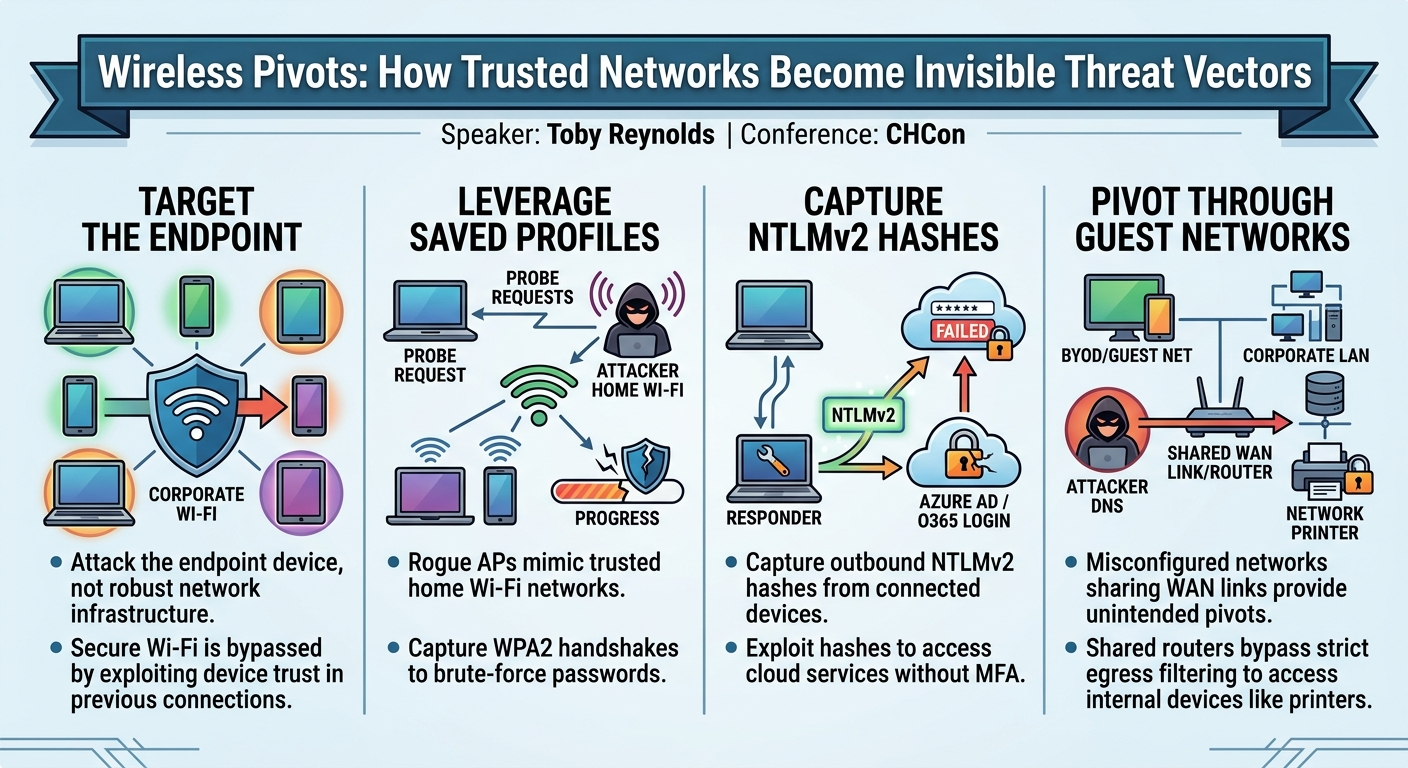 Visual summary for Wireless Pivots: How Trusted Networks Become Invisible Threat Vectors by Toby Reynolds