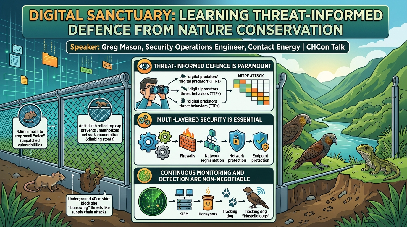 Visual summary for Digital Sanctuary: Learning Threat-Informed Defence from Nature Conservation by Greg Mason