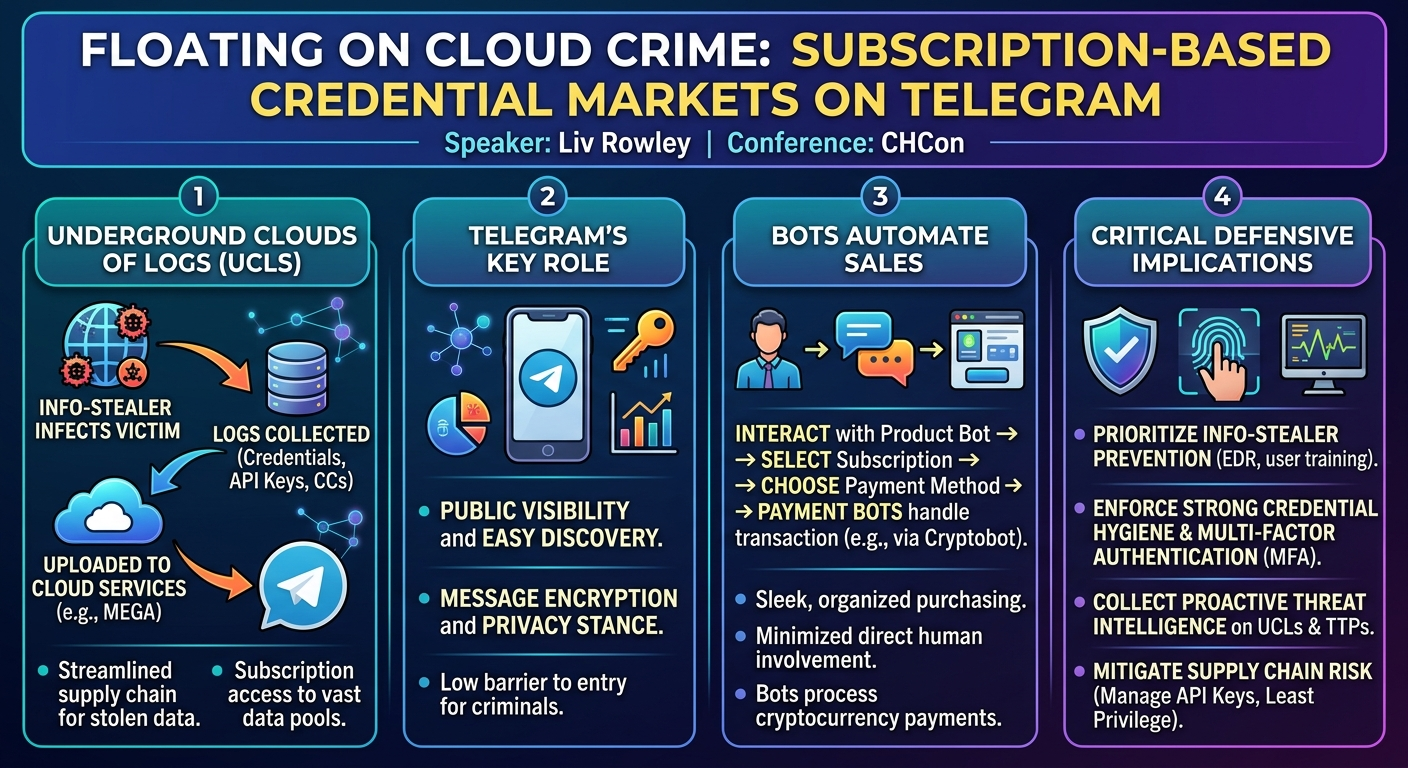 Visual summary for Floating on Cloud Crime: Subscription-based credential markets on Telegram by Liv Rowley