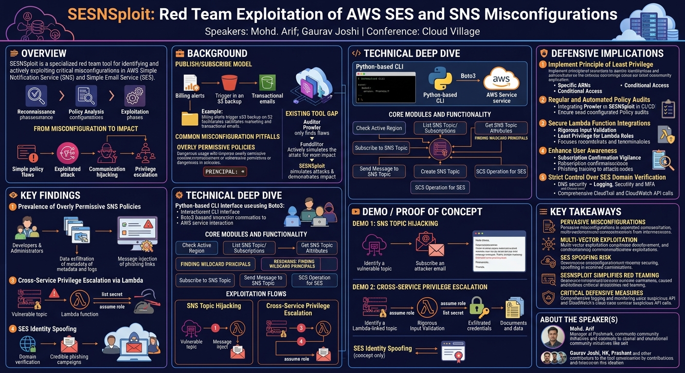 Visual summary for SESNSploit: Red Team Exploitation of AWS SES and SNS Misconfigurations by Mohd. Arif, Gaurav Joshi
