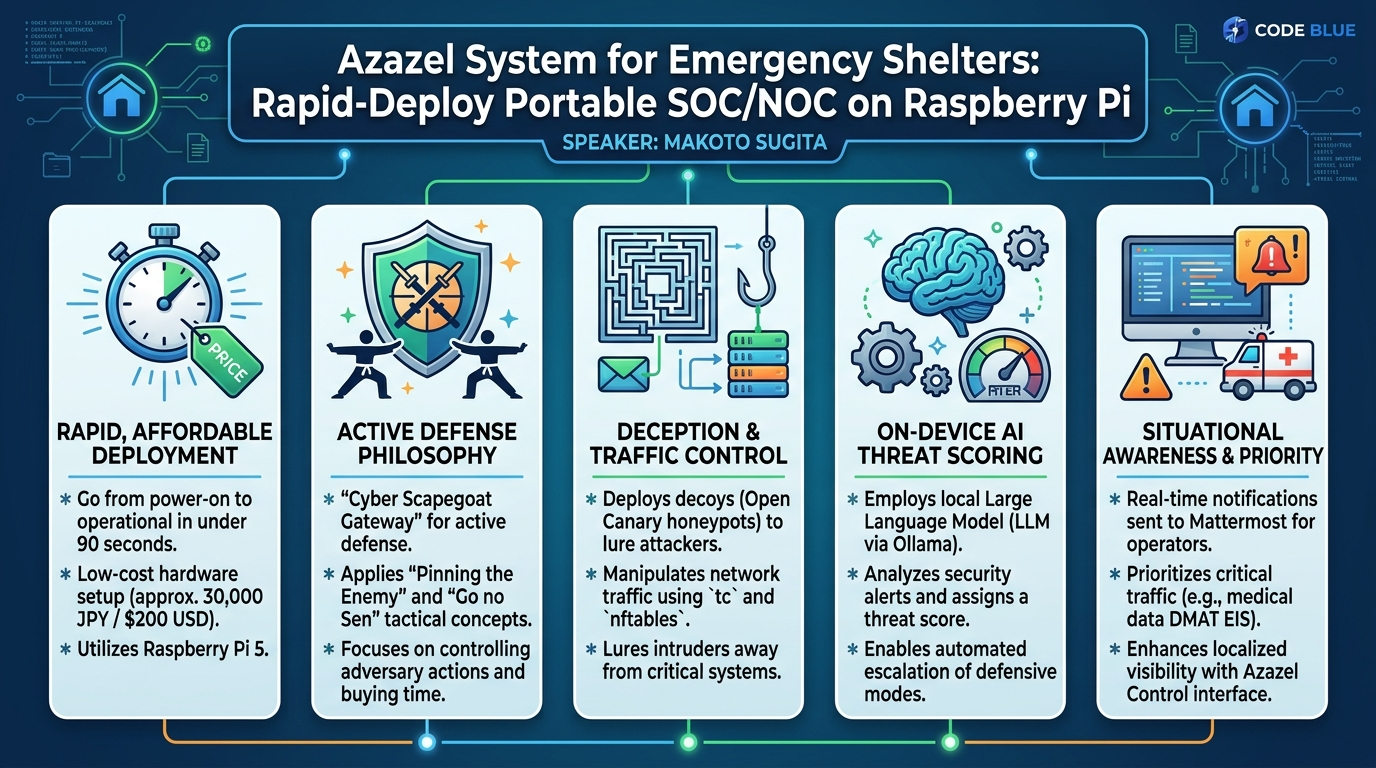 Visual summary for Azazel System for Emergency Shelters: Rapid-Deploy Portable SOC/NOC on Raspberry Pi by Makoto Sugita