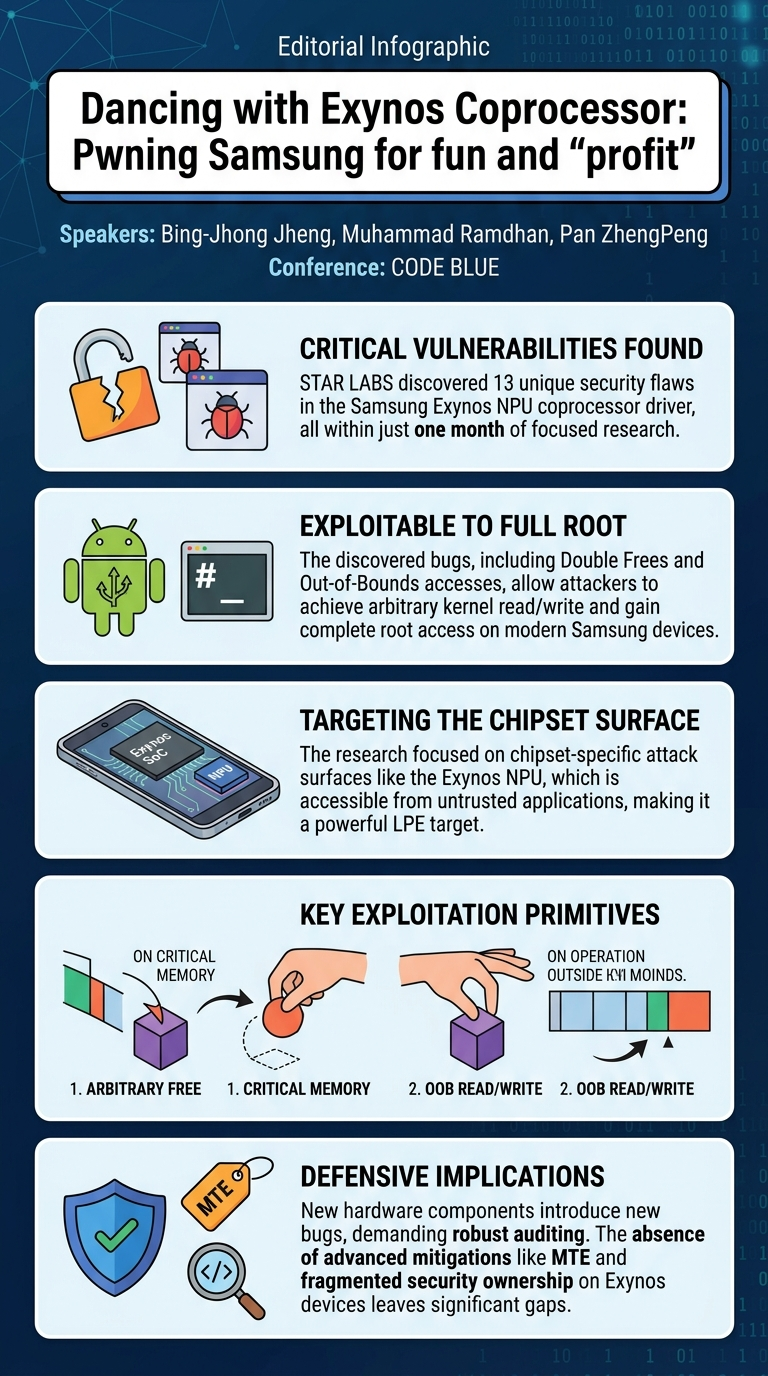 Visual summary for Dancing with Exynos Coprocessor: Pwning Samsung for fun and “profit” by Bing-Jhong Jheng, Muhammad Ramdhan, Pan ZhengPeng