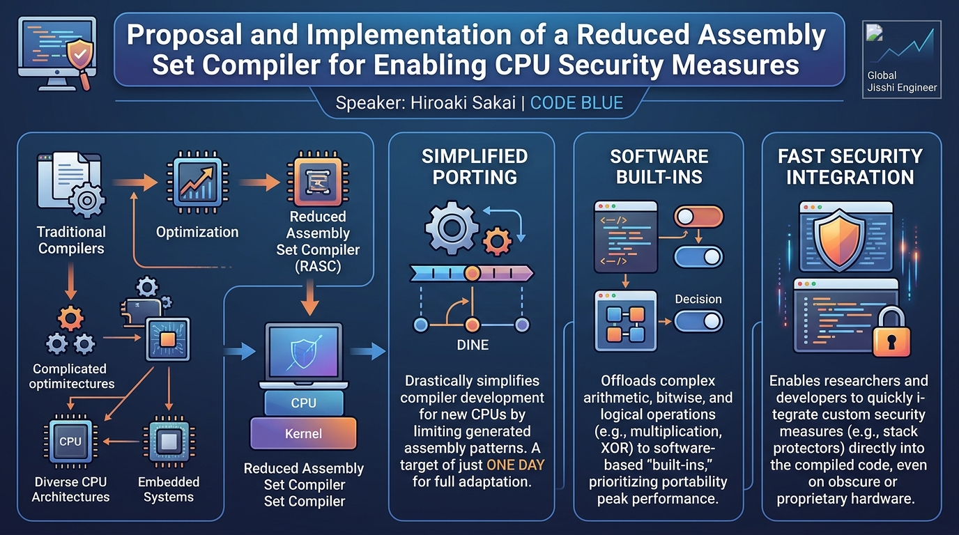 Visual summary for Proposal and Implementation of a Reduced Assembly Set Compiler for Enabling CPU Security Measures by Hiroaki Sakai