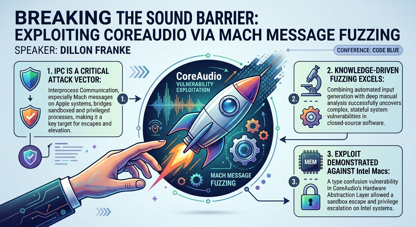 Visual summary for Breaking the Sound Barrier: Exploiting CoreAudio via Mach Message Fuzzing by Dillon Franke