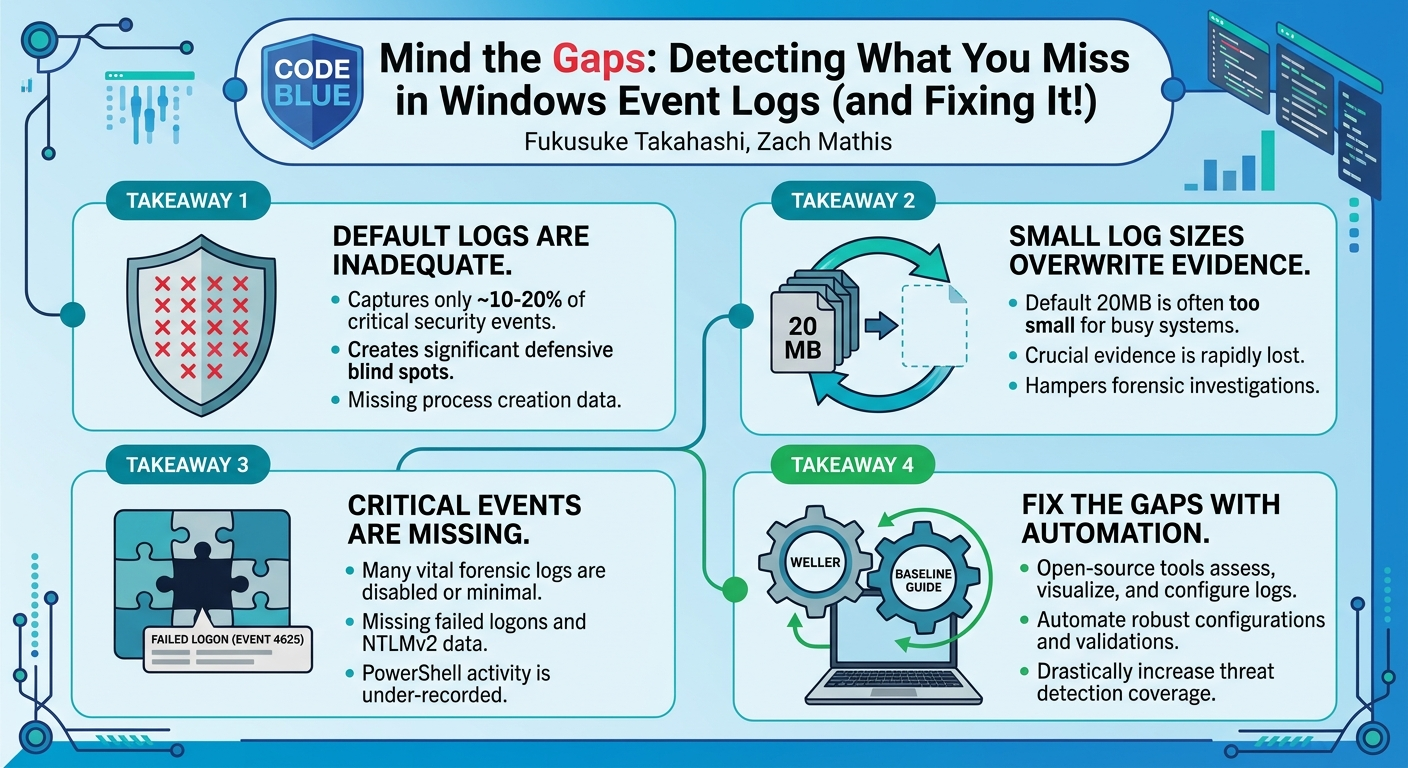 Visual summary for Mind the Gaps: Detecting What You Miss in Windows Event Logs (and Fixing It!) by Fukusuke Takahashi, Zach Mathis