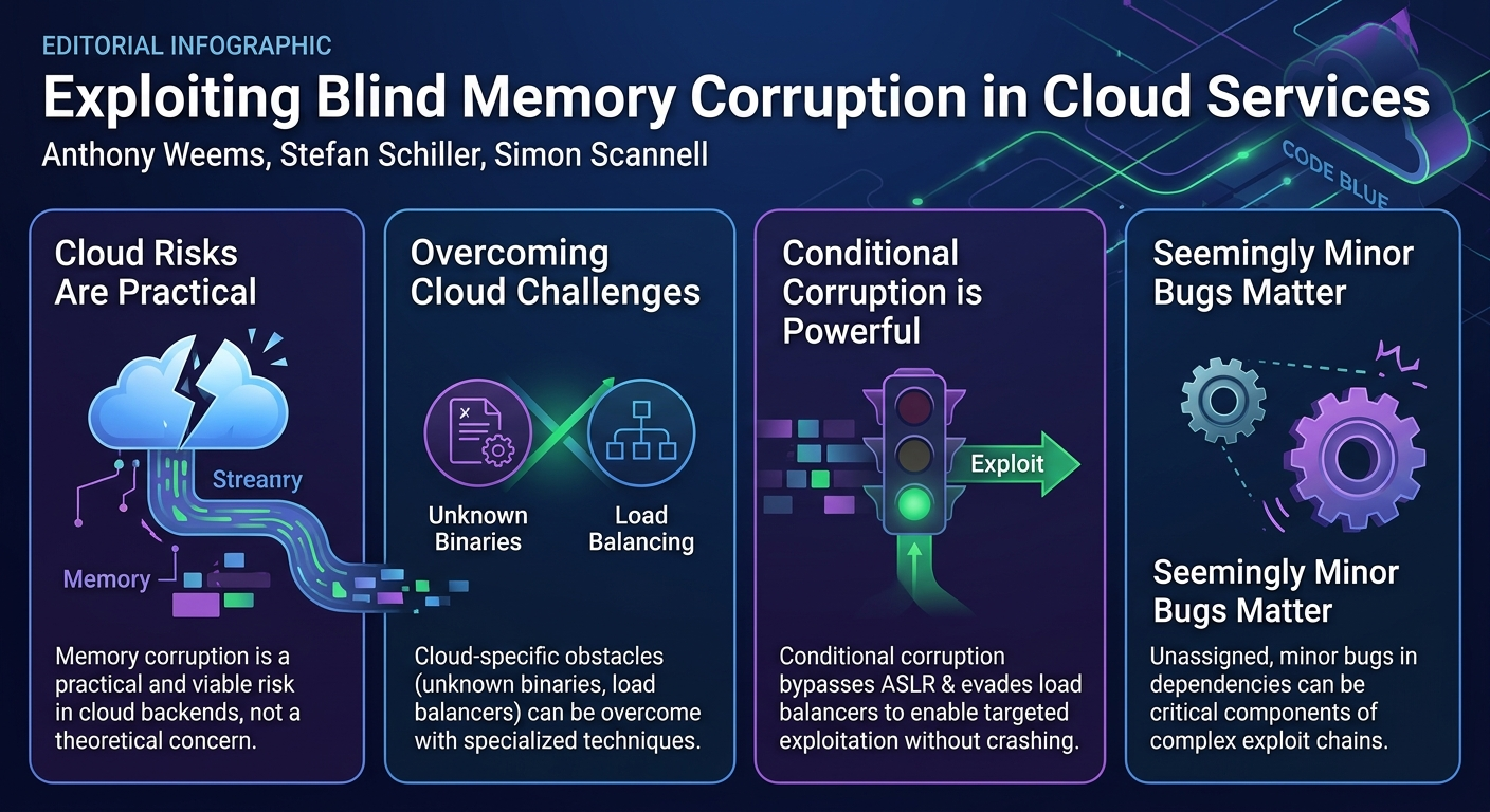 Visual summary for Exploiting Blind Memory Corruption in Cloud Services by Anthony Weems, Stefan Schiller, Simon Scannell