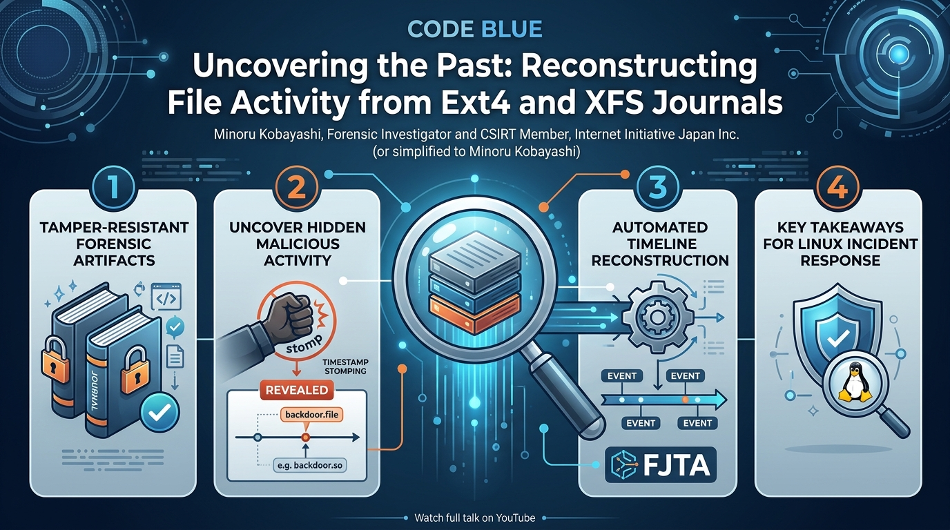 Visual summary for Uncovering the Past: Reconstructing File Activity from Ext4 and XFS Journals by Minoru Kobayashi