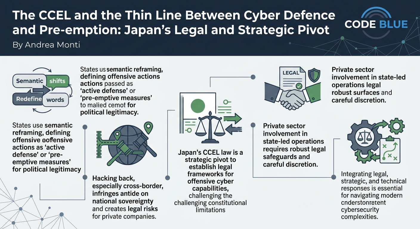 Visual summary for The CCEL and the Thin Line Between Cyber Defence and Pre-emption: Japan's Legal and Strategic Pivot by Andrea Monti