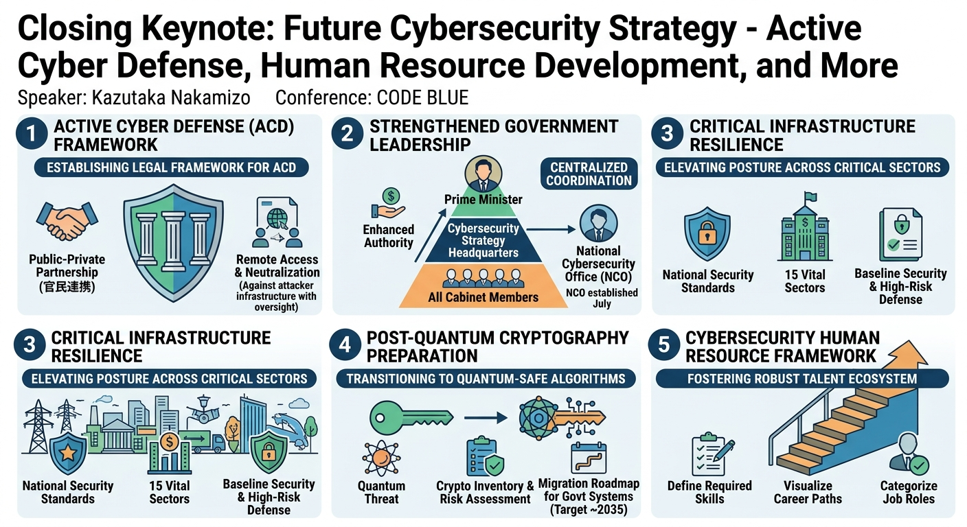Visual summary for Closing Keynote: Future Cybersecurity Strategy - Active Cyber ​​Defense, Human Resource Development, and More by Kazutaka Nakamizo