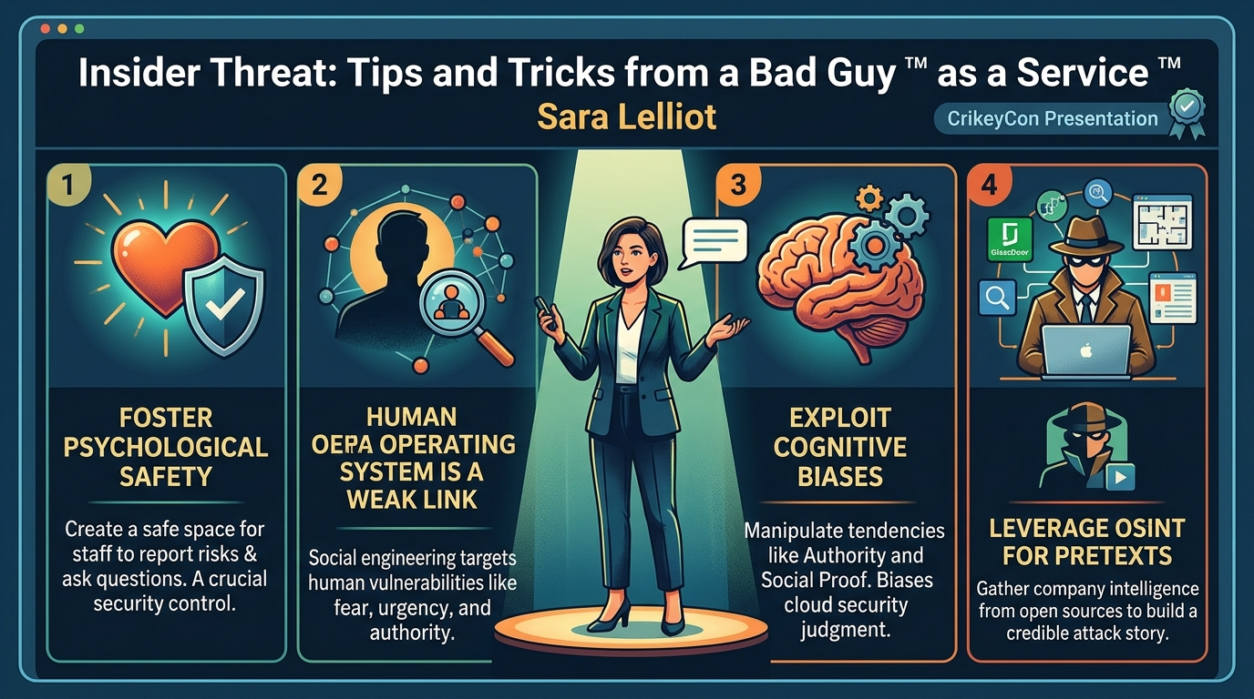 Visual summary for Insider Threat: Tips and Tricks from a Bad Guy ™ as a Service by Sara Lelliot