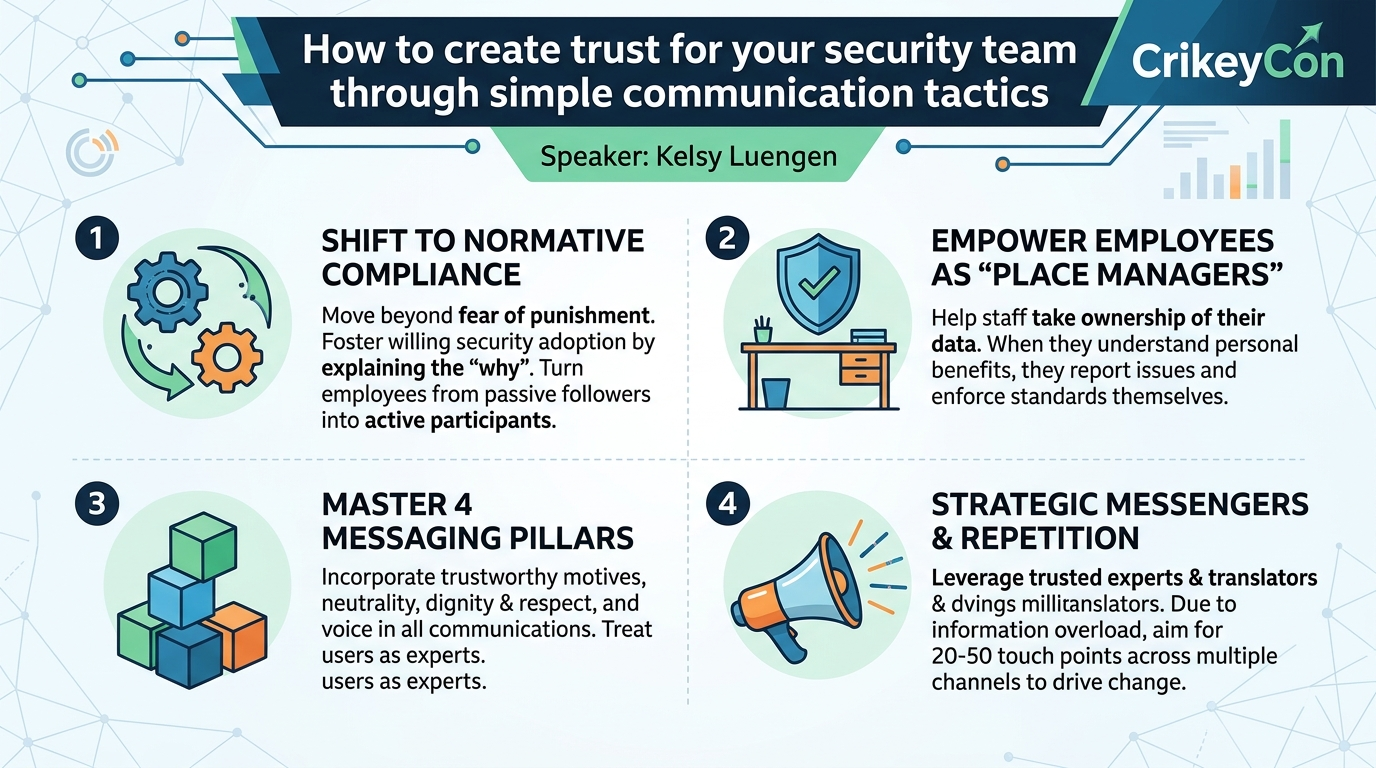 Visual summary for How to create trust for your security team through simple communication tactics by Kelsy Luengen