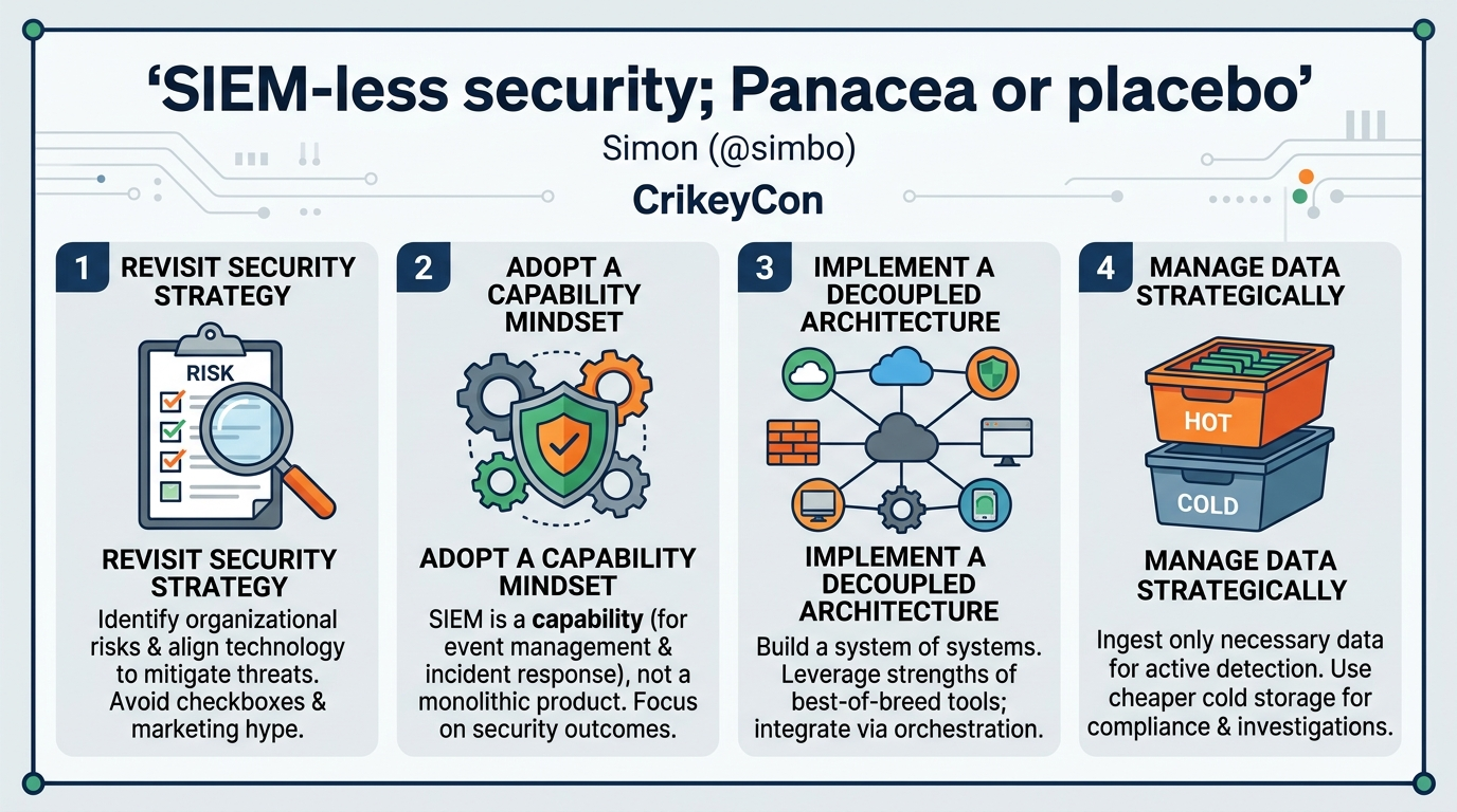 Visual summary for SIEM-less security; Panacea or placebo by Simon (@simbo)